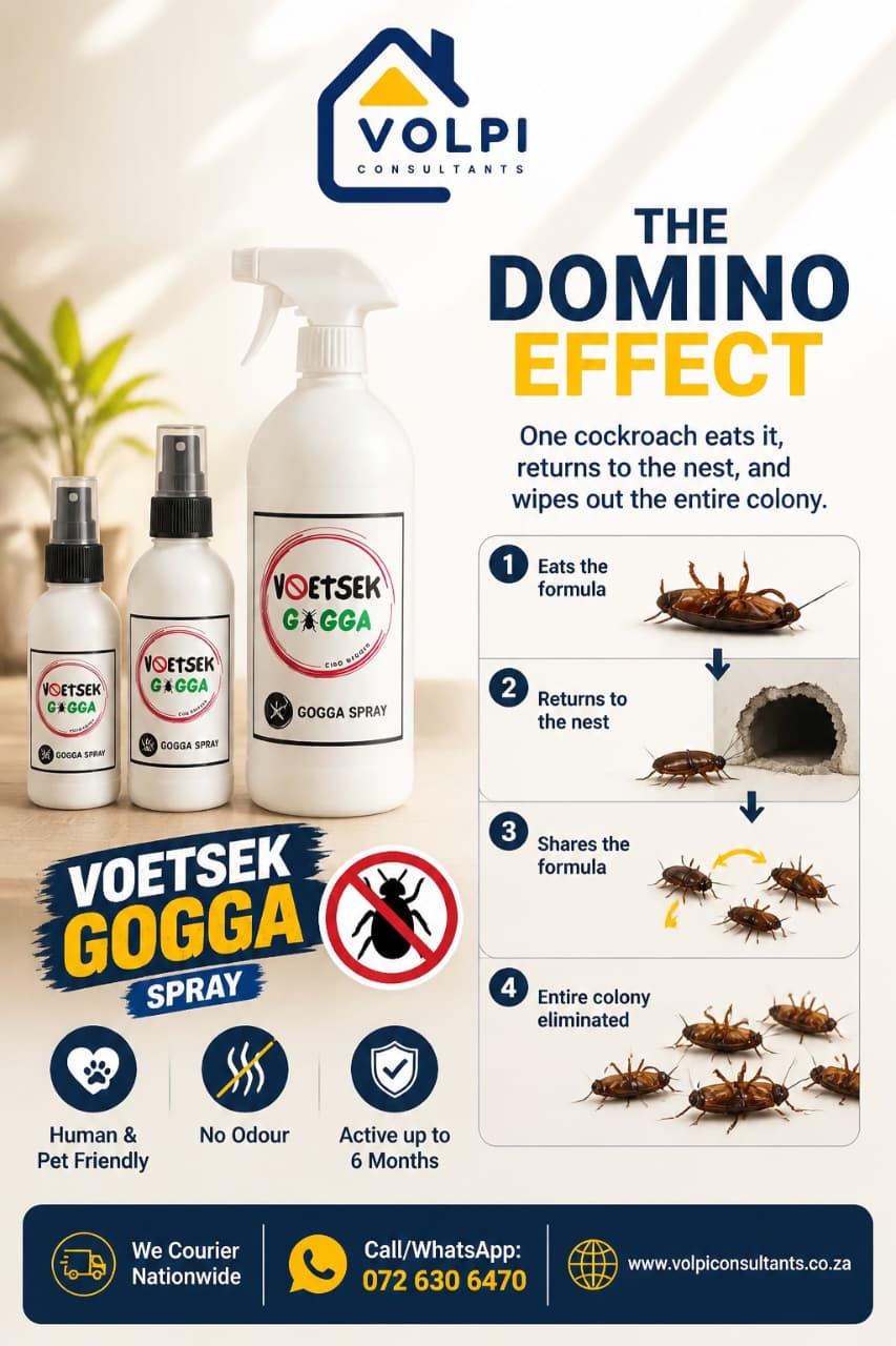 Voetsek Gogga Spray product range beside an infographic explaining the Domino Effect: one cockroach eats the formula, returns to the nest and eliminates the entire colony.
