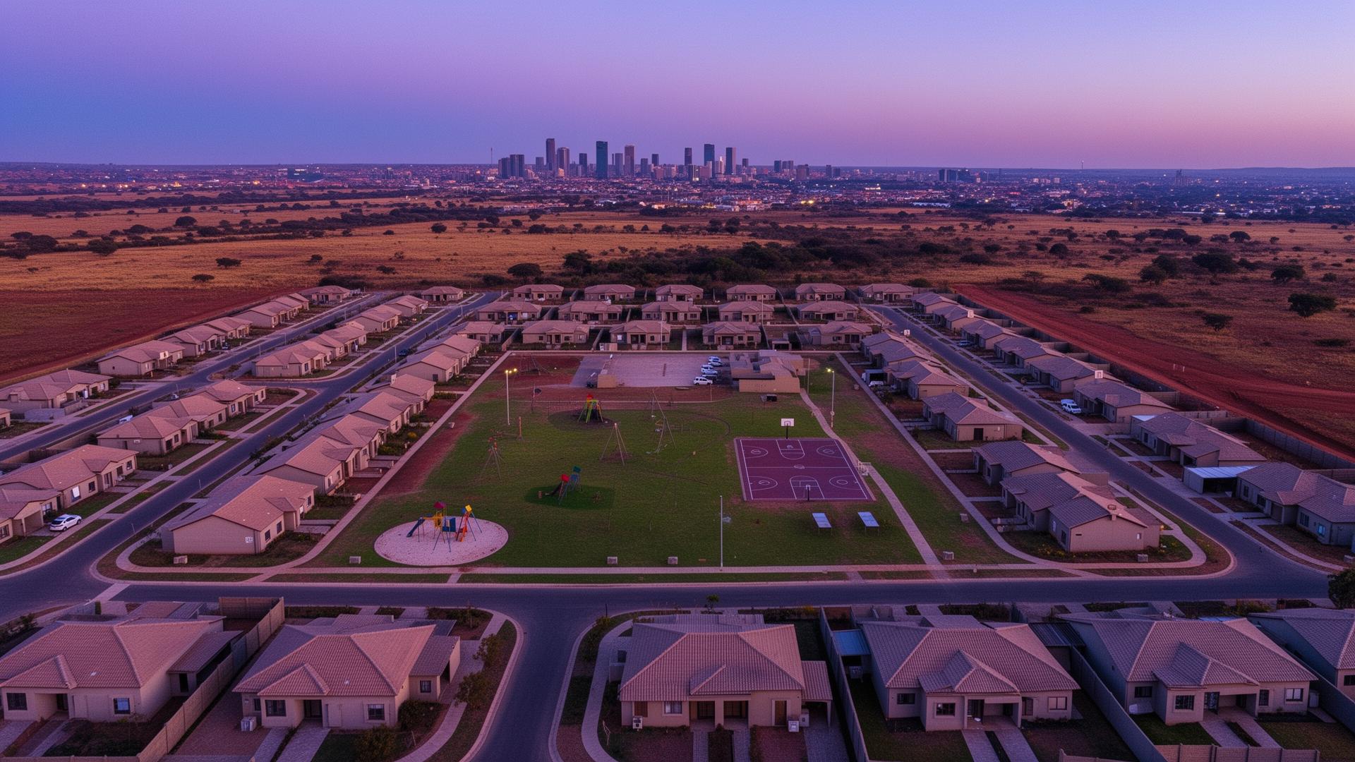 Aerial twilight view of WindmillPark estate showing the central park, basketball court, playground and the surrounding ring of single-storey homes.