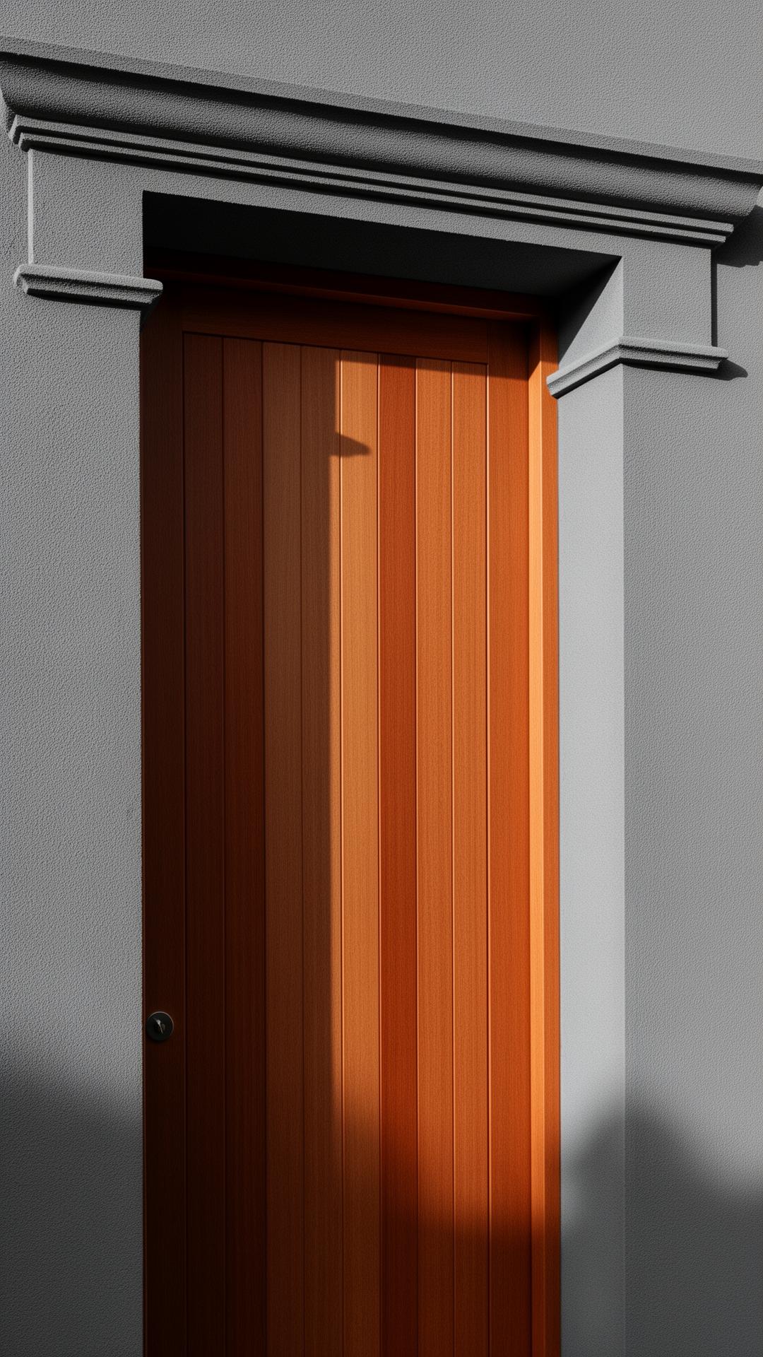 Detail of timber front door against grey plaster wall.